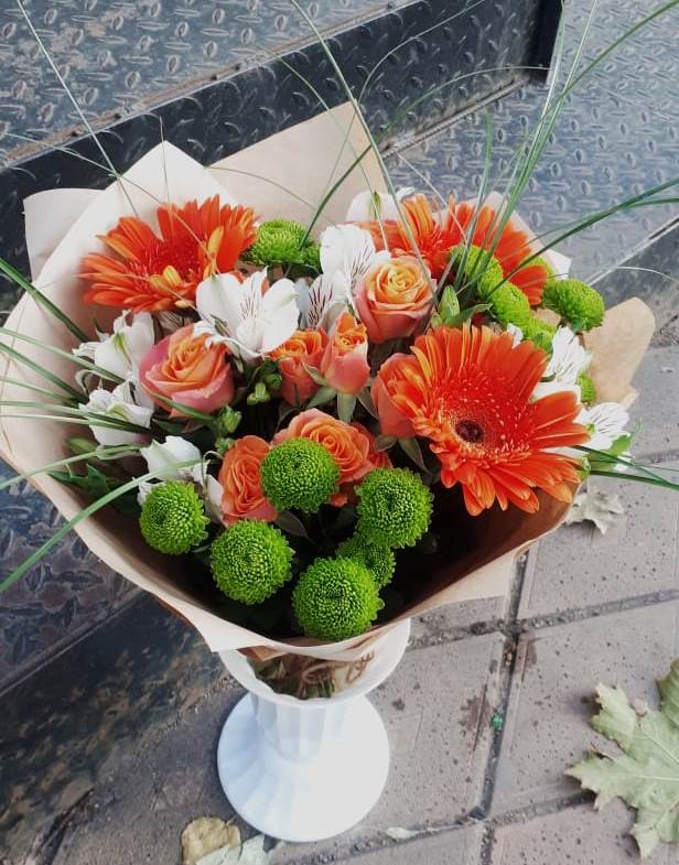 Букет цветов из: Герберы, Хризантемы, Альстромерии и Розы в Саблинском