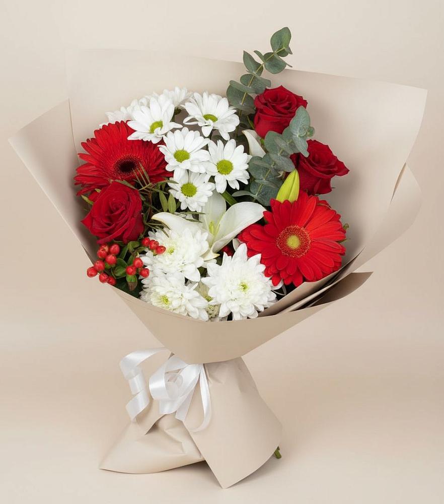 Букет цветов из: Розы, Хризантемы, Герберы и Лилии в Саблинском