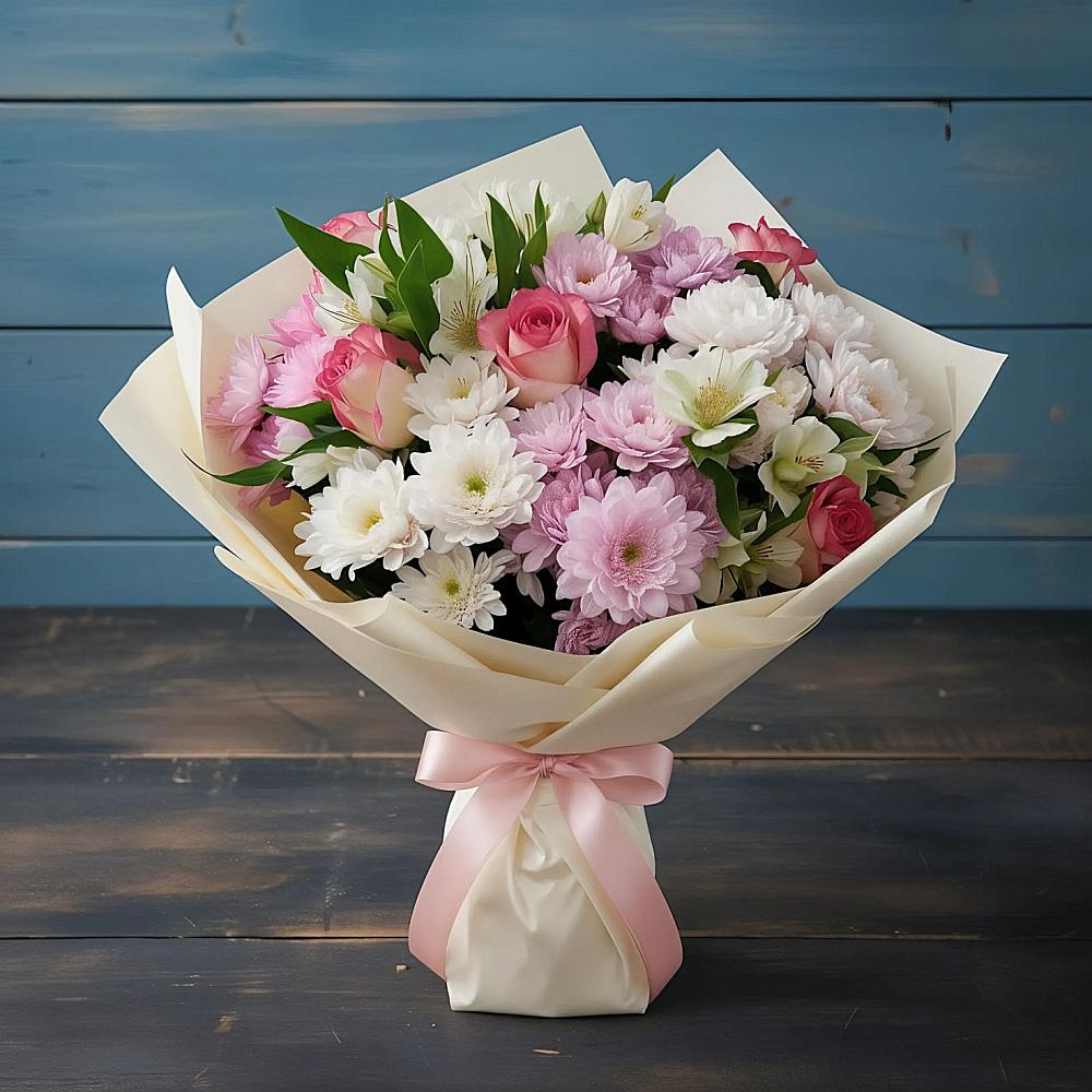 Букет цветов из: Хризантемы, Альстромерии и Розы в Саблинском